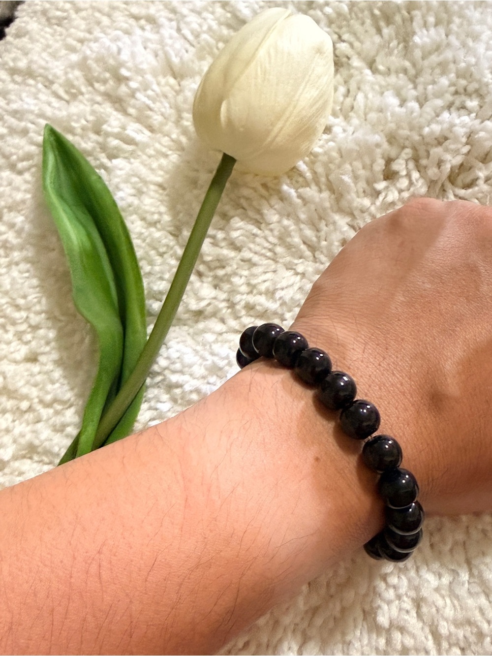 Black Beaded Stretch Bracelet - Polished Stone Accent